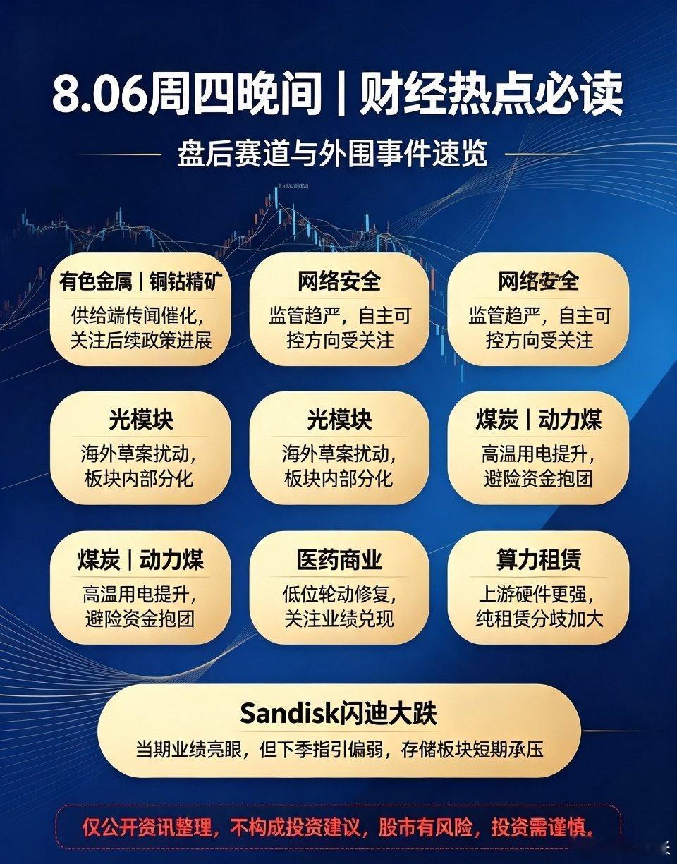 8.06周四晚间｜财经热点必读📰盘后梳理晚间重点赛道与外围事件，客观汇总公开盘