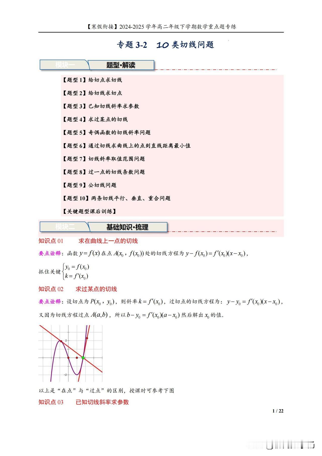 高二数学寒假预习培优——导数中10类切线题型总结
1、给切点求切线
2、给切线求