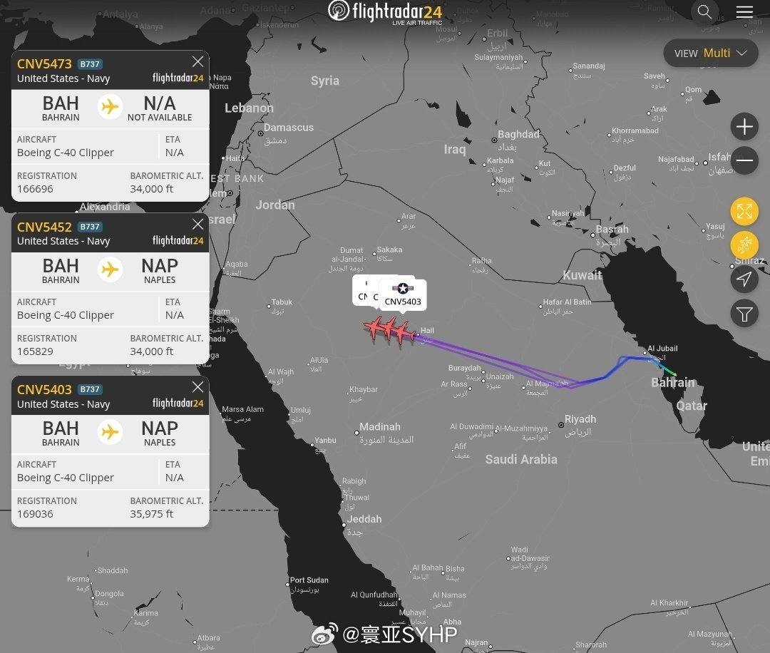 三架美国海军C-40运输机从巴林穆哈拉克机场起飞，返回意大利那不勒斯。这些飞机于