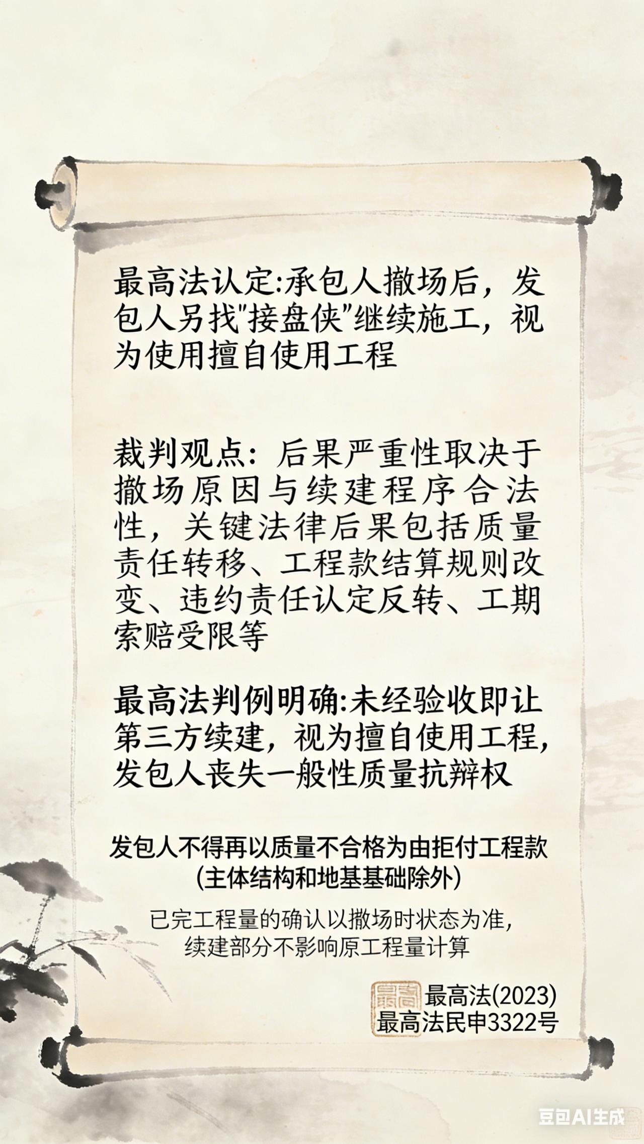 最高法认定:承包人撤场后，发包人另找“接盘侠”继续施工，视为使用擅自使用工程
裁