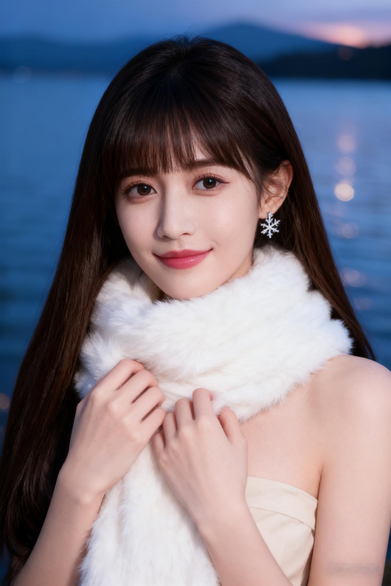 冬日里的温暖时光，毛绒围巾与雪景耳环的完美搭配，甜美笑容照亮整个画面。