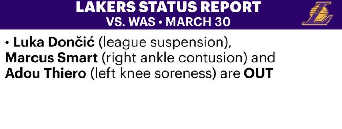 湖人伤病报告：东契奇、斯玛特、蒂耶罗缺席比赛 