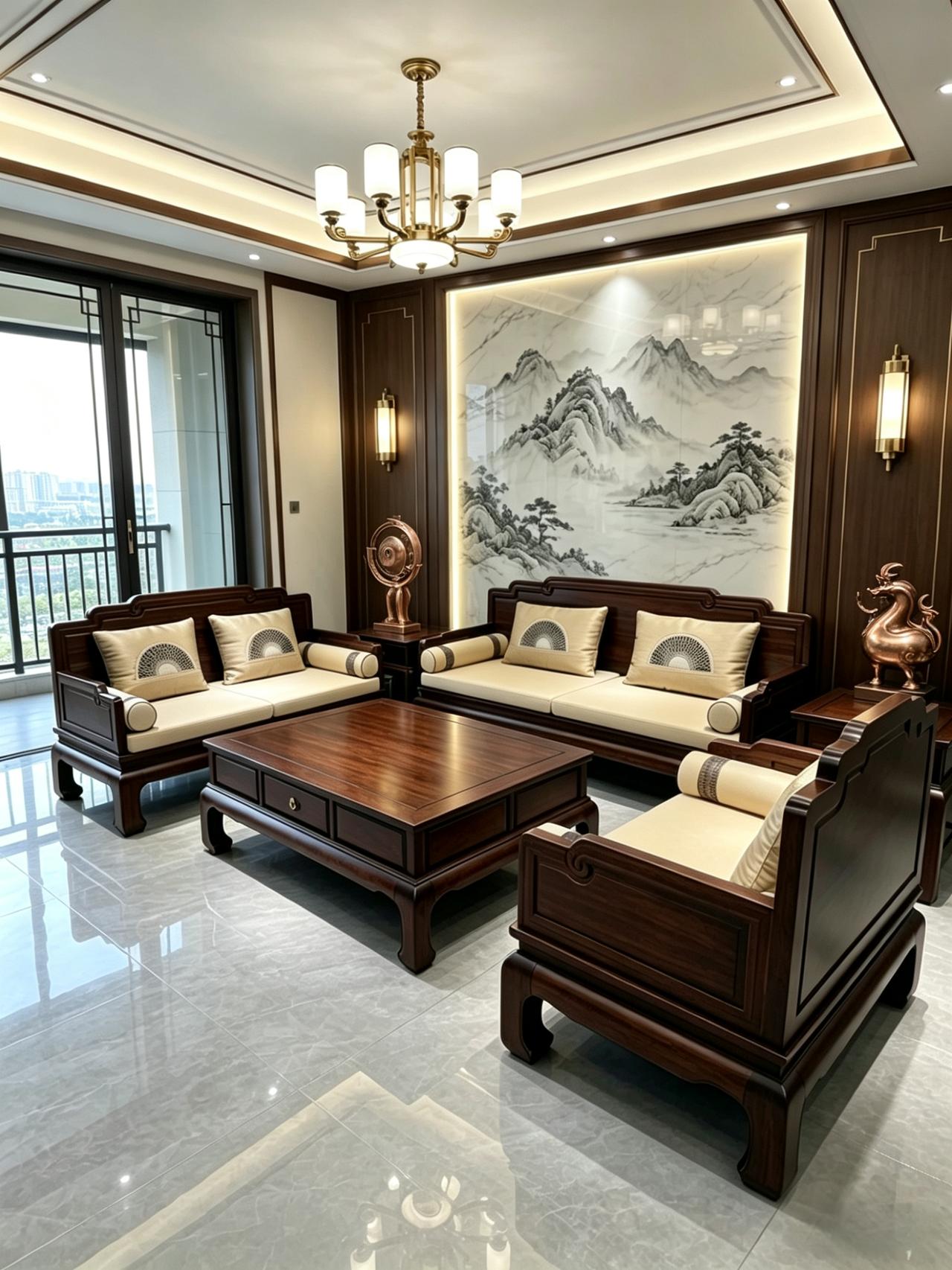 新中式客厅风格装修 新中式家具 新中式沙发 全屋定制 客厅搭配