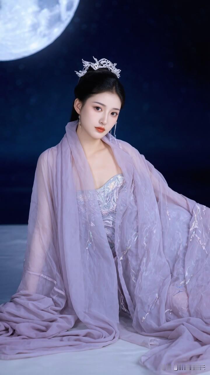 她身着紫色刺绣纱质古睡衣，轻纱漫卷，绣纹精巧，似在低诉古韵。奶白肌肤胜雪，精致锁
