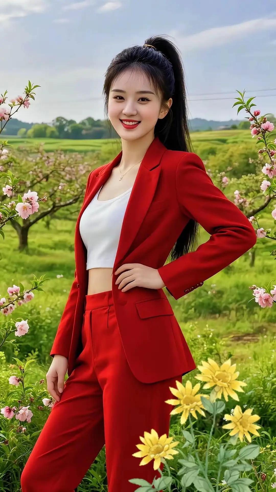 红衣少女，笑容满满