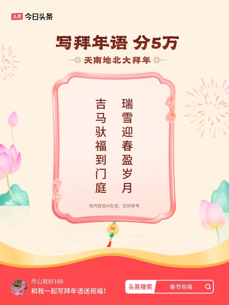 写拜年语送祝福新春拜年送祝福！我的祝福是：“吉马驮福到门庭，瑞雪迎春盈岁月”！快