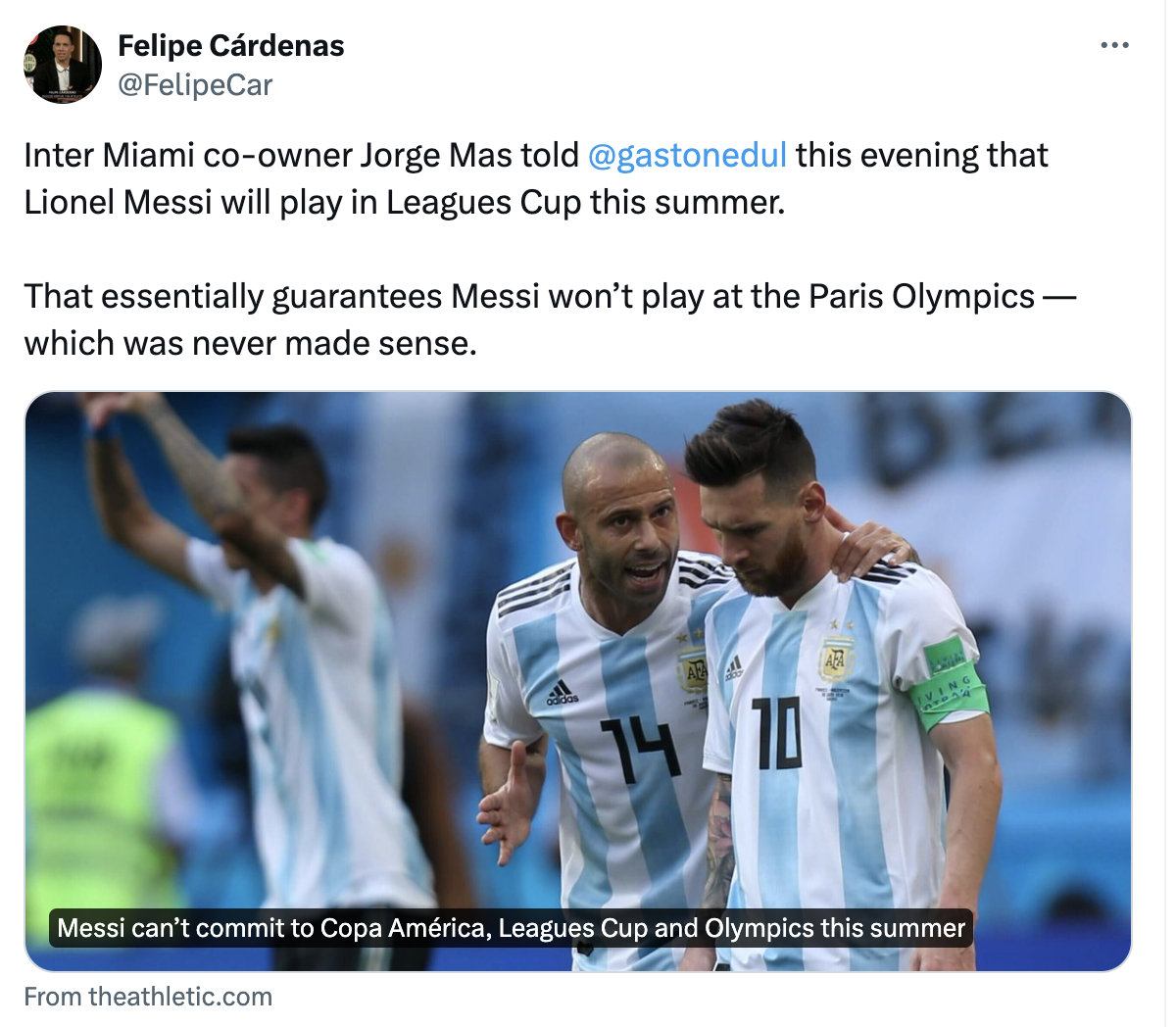 The Athletic记者Felipe Cárdenas：在接受阿根廷跟队记者