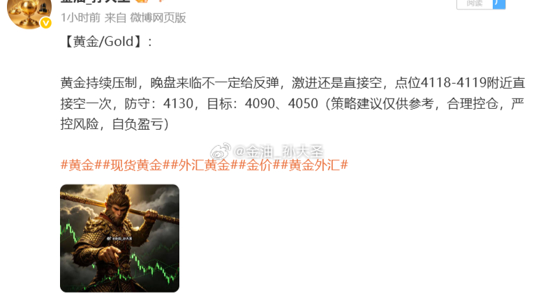 黄金4118空，中途反弹安排4122补空，现跌报4106，双仓空单共280点利润