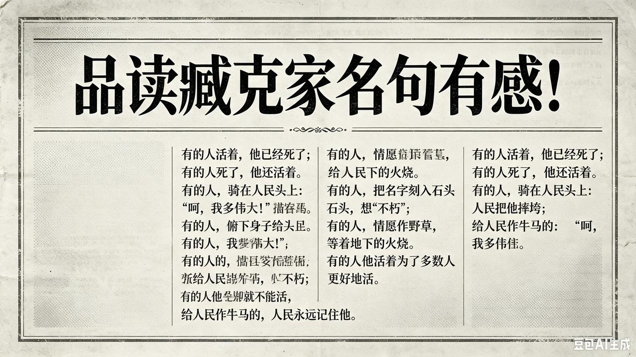 品读臧克家名句有感
 
“有的人活着，他已经死了；有的人死了，他还活着。”品读臧