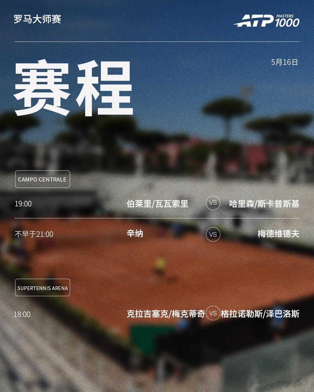 ATP1000 罗马大师赛周六赛程如下（均为北京时间）👀📍意大利·罗马🎾男