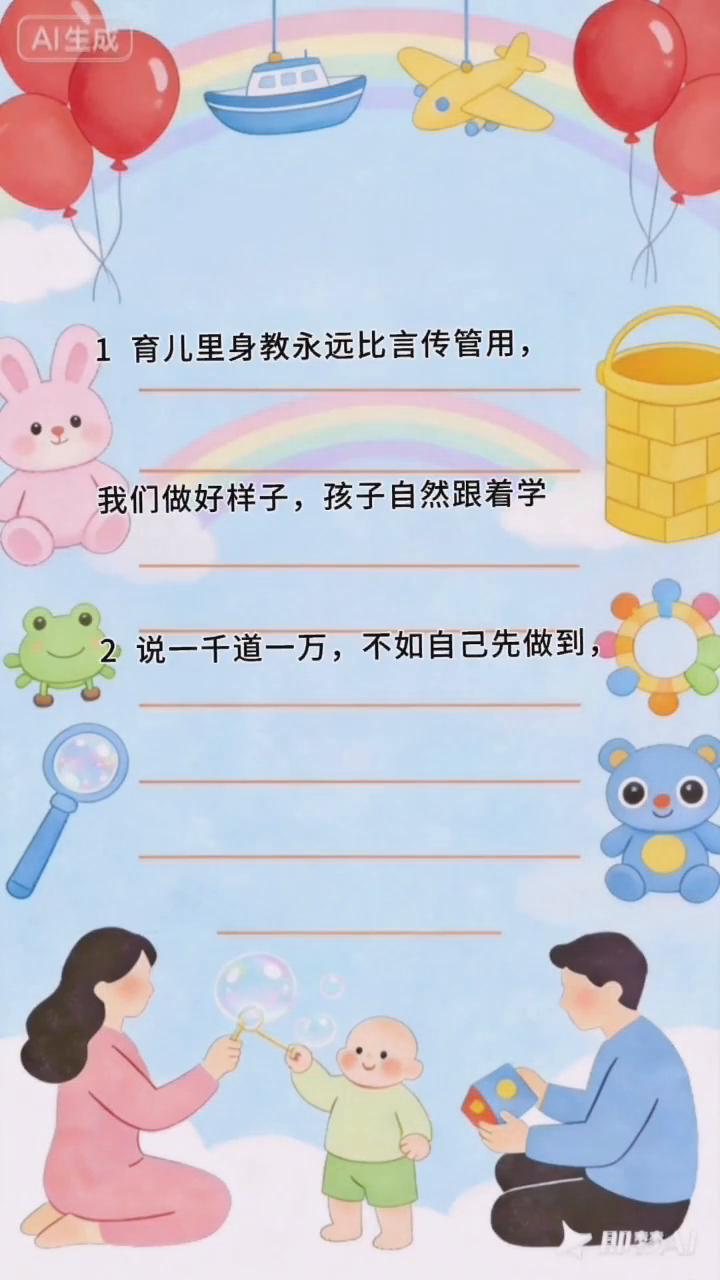 ·1、说一千道一万，不如自己先做到，父母的行动才是最好的教育。
·2、别光说教孩