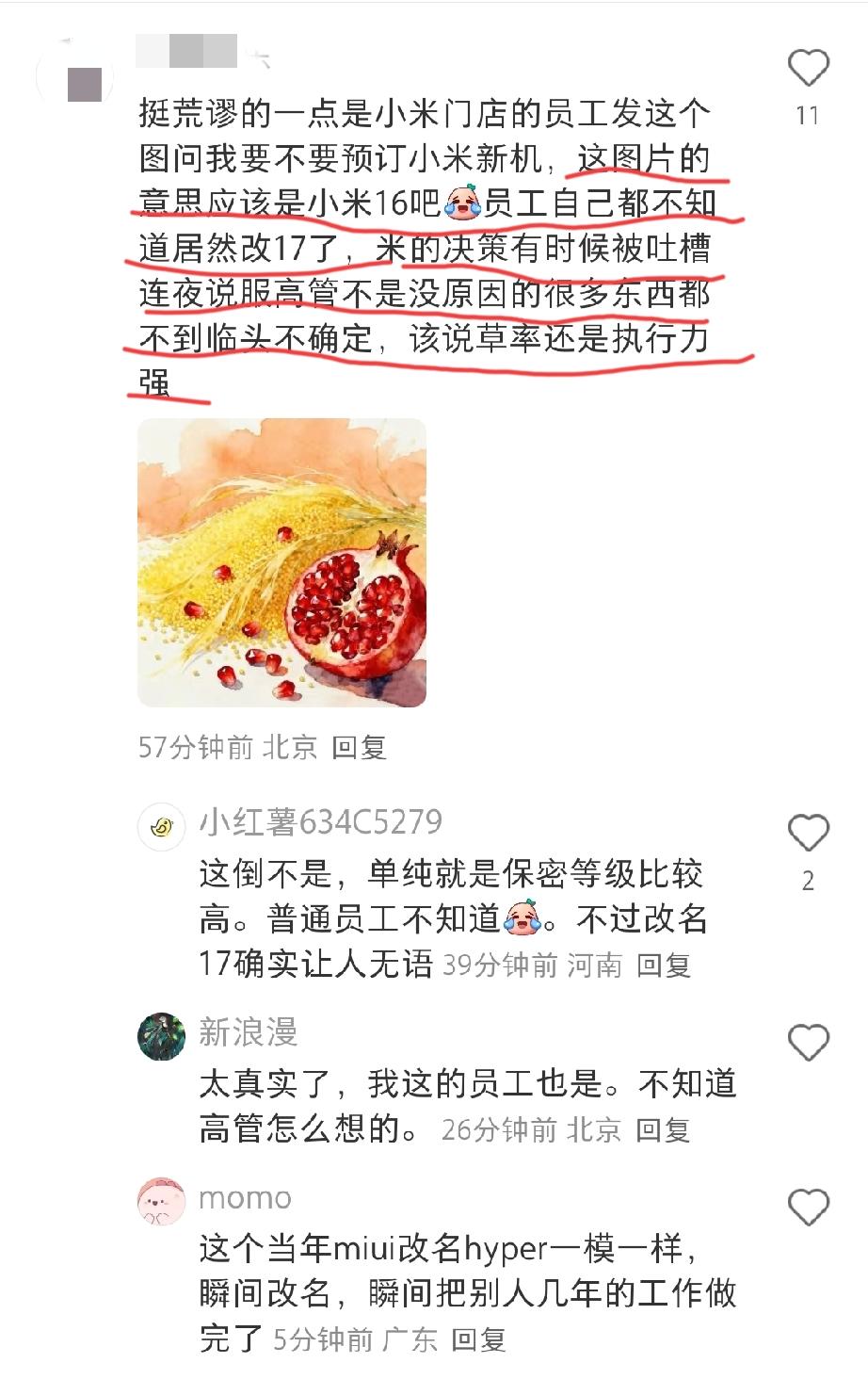 北京网友发文称:小米新手机命名为小米17这个事情，我猜他们下面门店的员工可能都不
