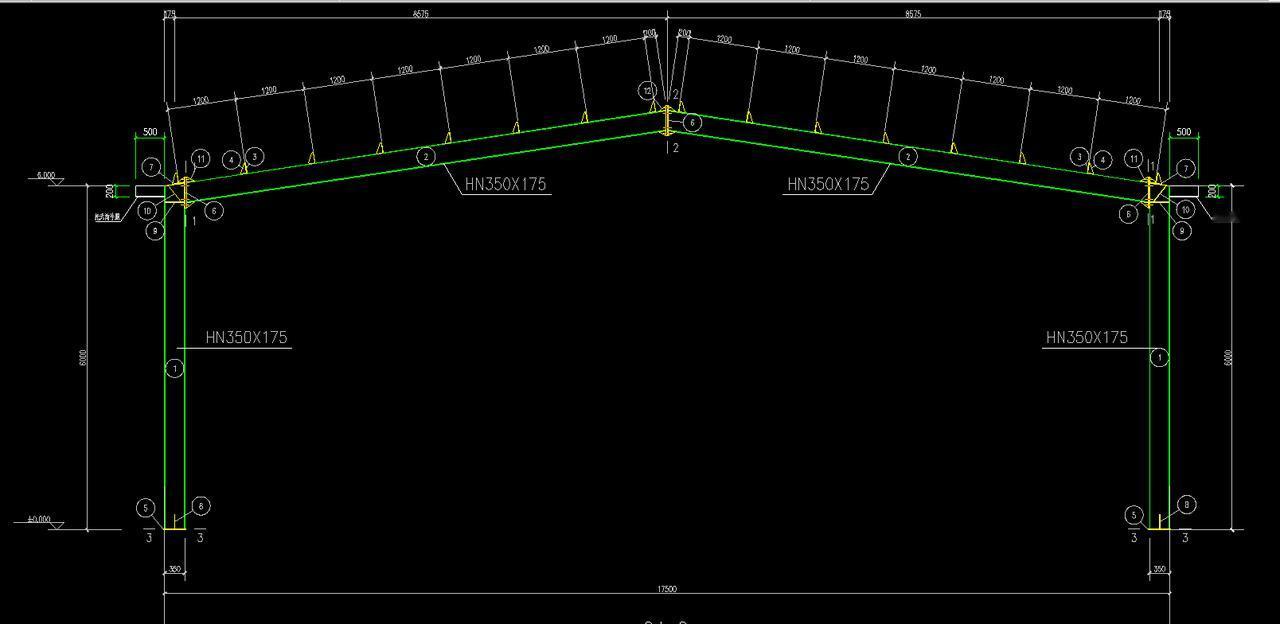 跨度17.5米钢架图做法，高度6米，开间5米，钢柱钢梁采用国标H型钢，连接板螺栓