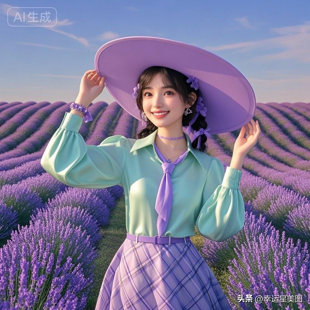 紫色花海中的优雅少女，微笑着享受美好时光。