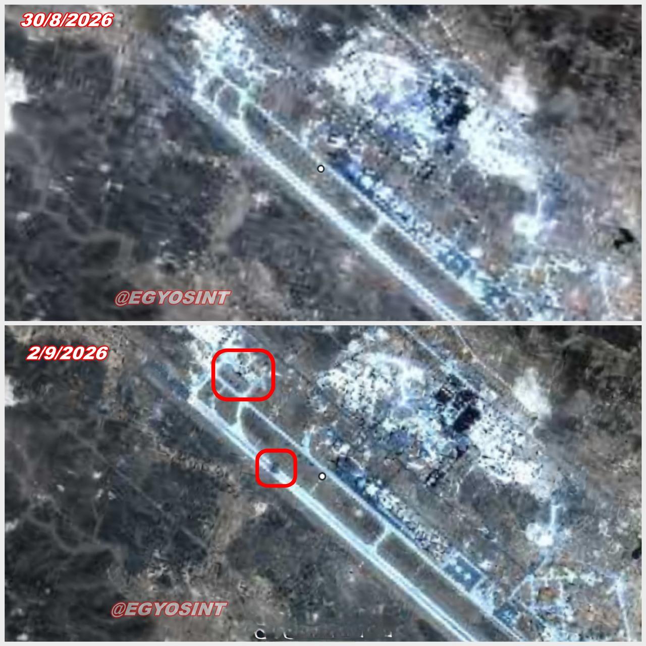 在伊朗的导弹打击后，美军驻约旦的哈桑王子空军基地的跑道上出现弹着痕迹。 ​​​