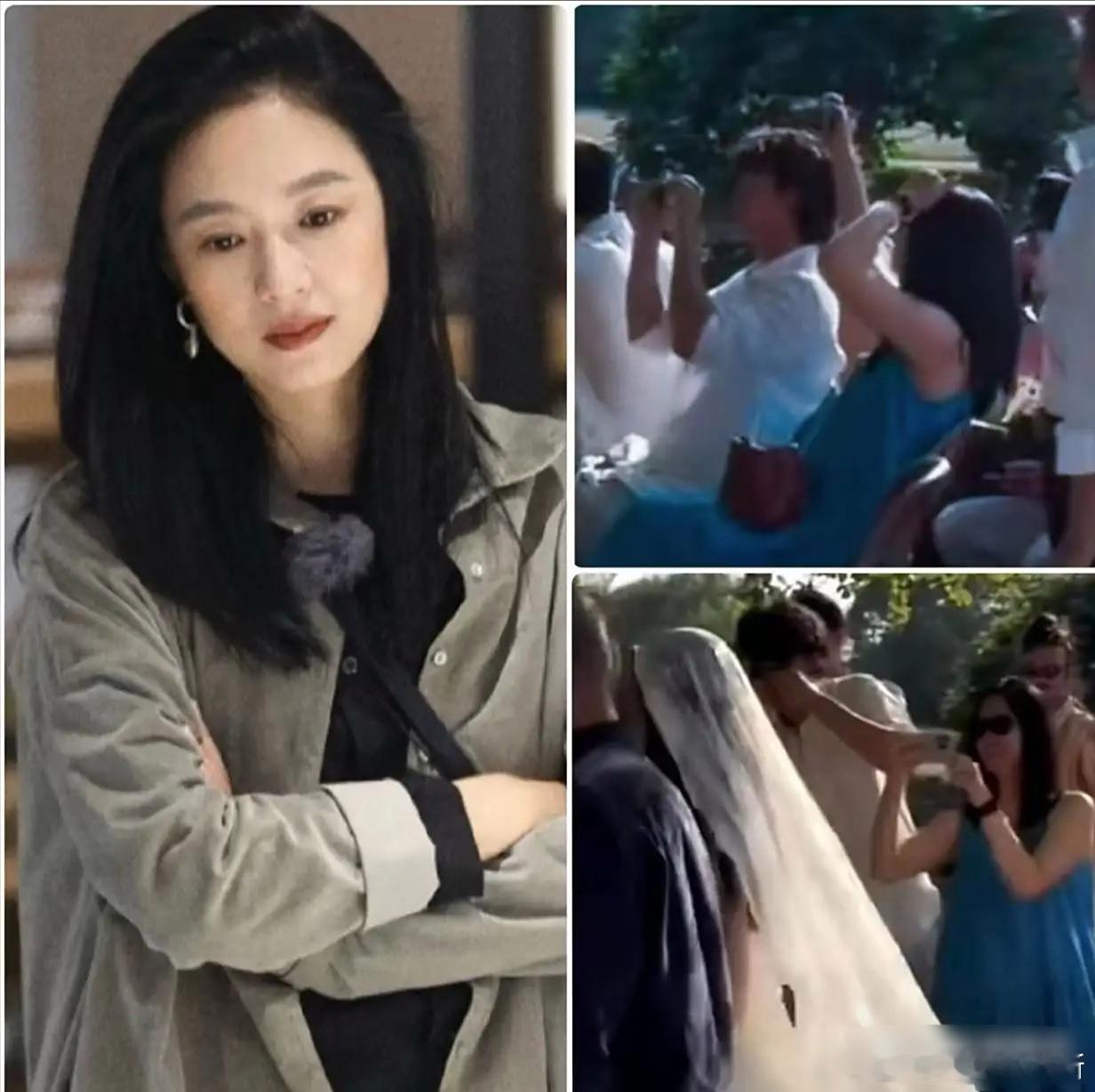 姜文女儿的婚礼上，周韵穿着蓝裙坐前排，手机一举、纸巾一递，就把“后妈难当”拍成了