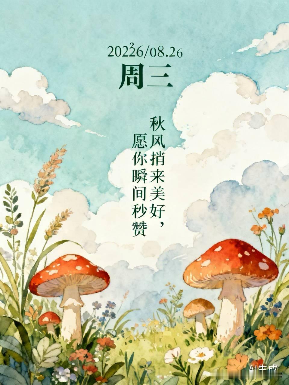 ²⁰²⁶/₀₈.₂₆ 周三｜一键复制发⭕，秋风捎来美好，愿你瞬间秒赞🍄✨
① 
