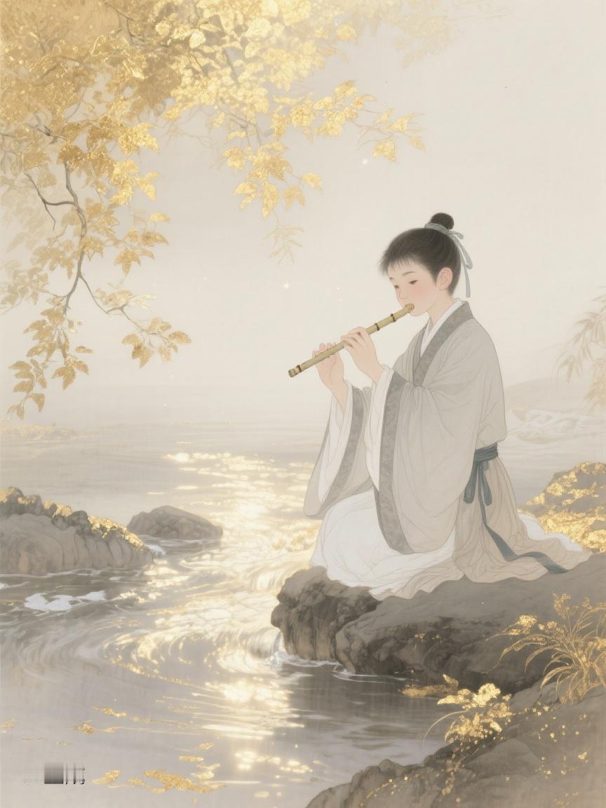 AI妙生图清风拂叶，笛声伴水，于这静谧间，似能悟透岁月真谛，静享片刻安宁。