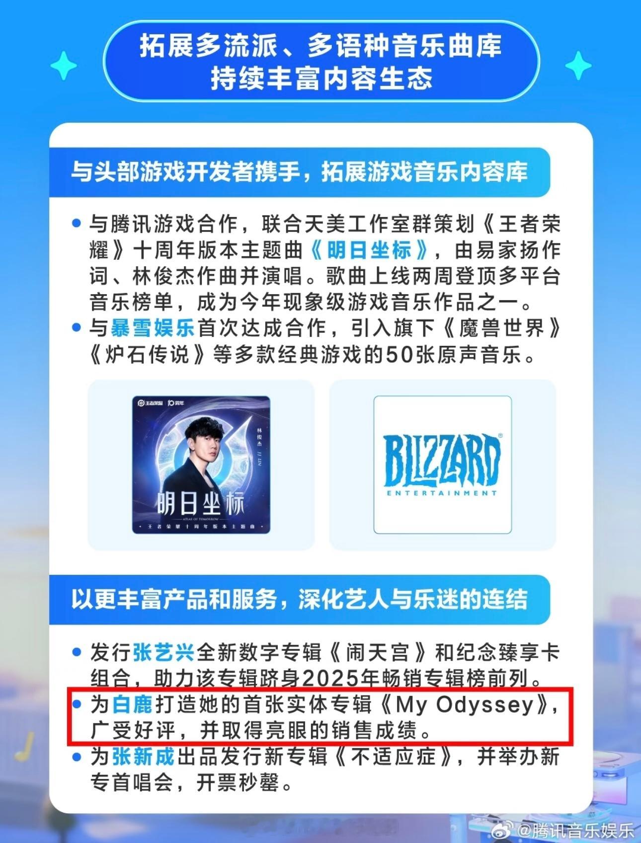 🐧音乐Q3财报显示白鹿首张实体专辑《My Odyssey》广受好评并取得亮眼的