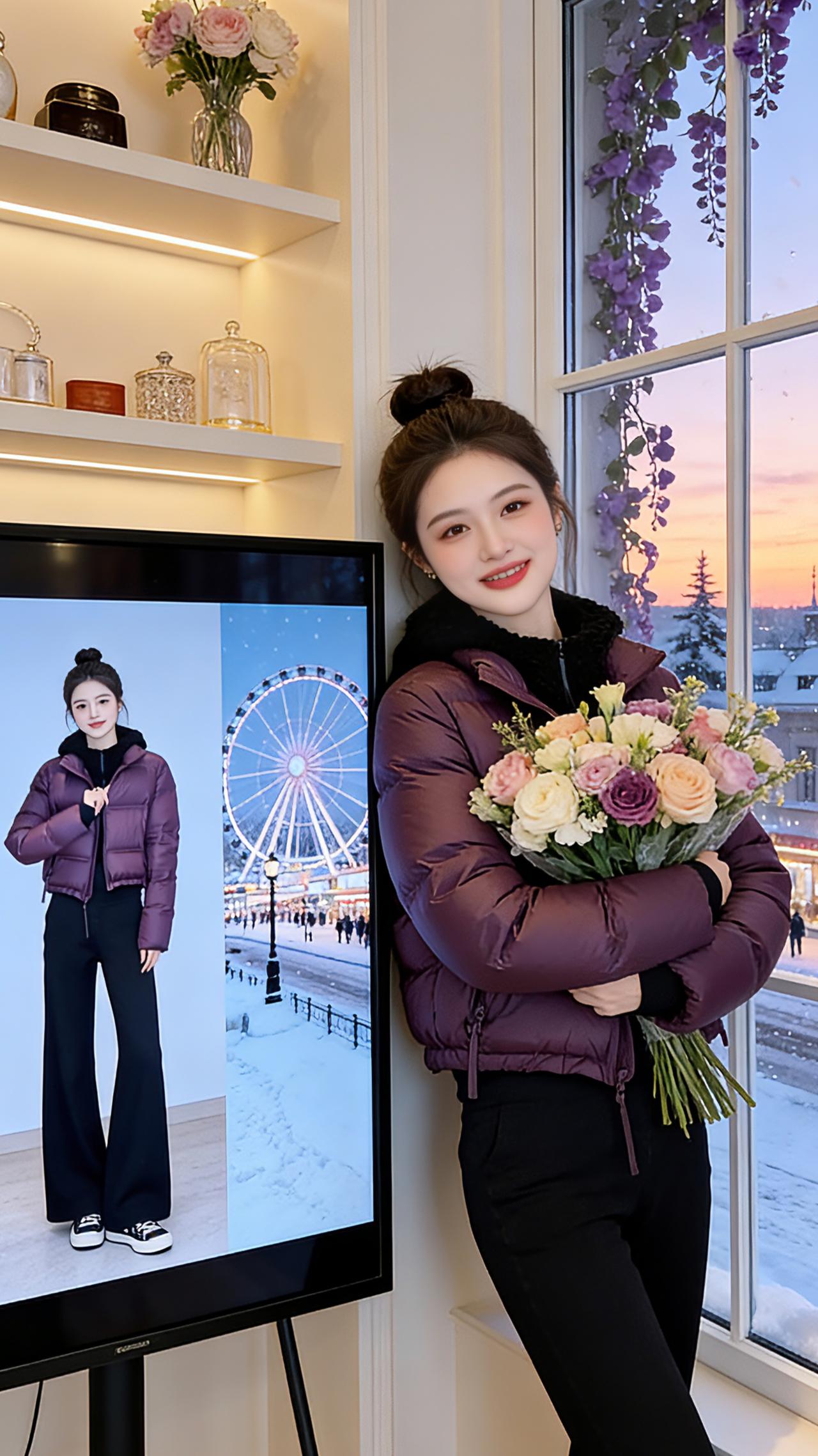 紫调冬日
 
深紫的羽绒衣裹着初冬的暖，像将暮色揉进了衣料，在室内暖光里漾开温柔