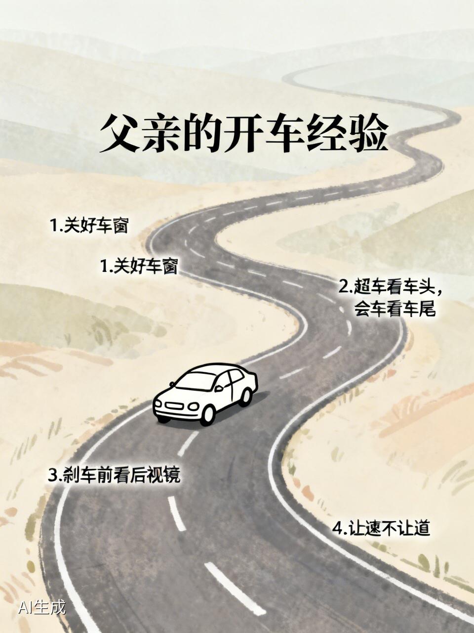 父亲开了大半辈子车，
留给我的开车经验如下：
1️⃣无论车速多快，都要关好车窗。