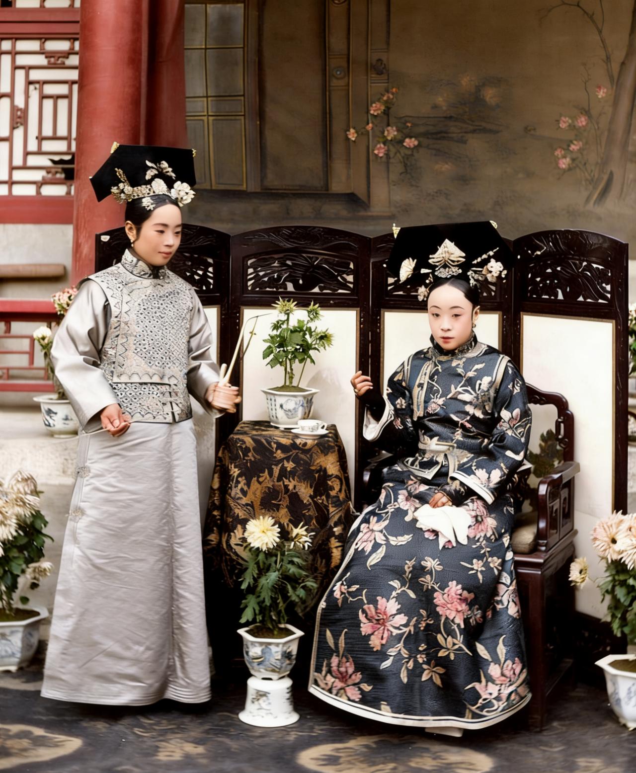 这是1907年，溥仪的母亲苏完瓜尔佳·幼兰拍摄的一张照片，旁边站立者应该是她的侍