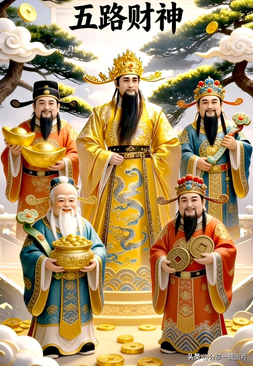 五路财神齐临门，
招财进宝万事顺。
接住这波旺财运，
今年必定富得流油。