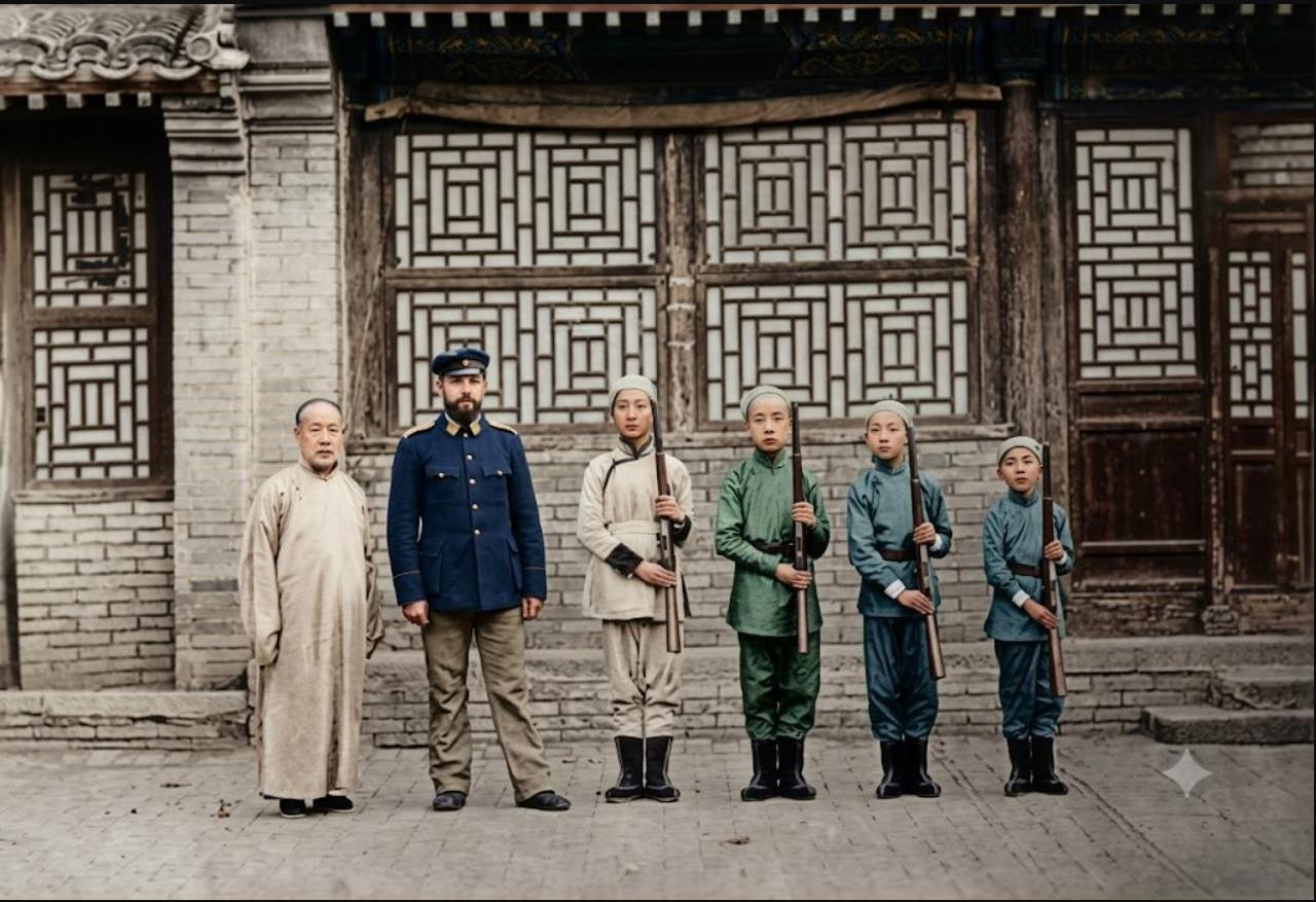 1908年，“铁帽子王”肃亲王善耆（左一）与外国教官在府中训练子女使用洋枪。
为