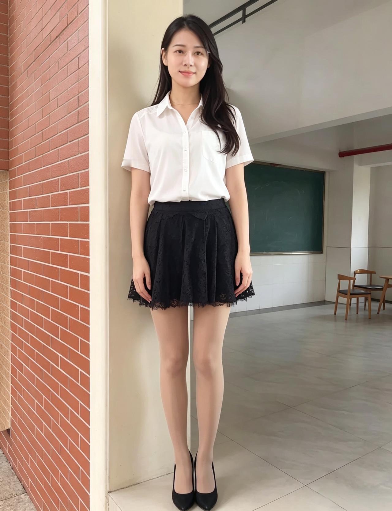 白墙红瓦映晴光，立尽风前影自长。
浅笑轻颦皆有意，一襟清露带花香。