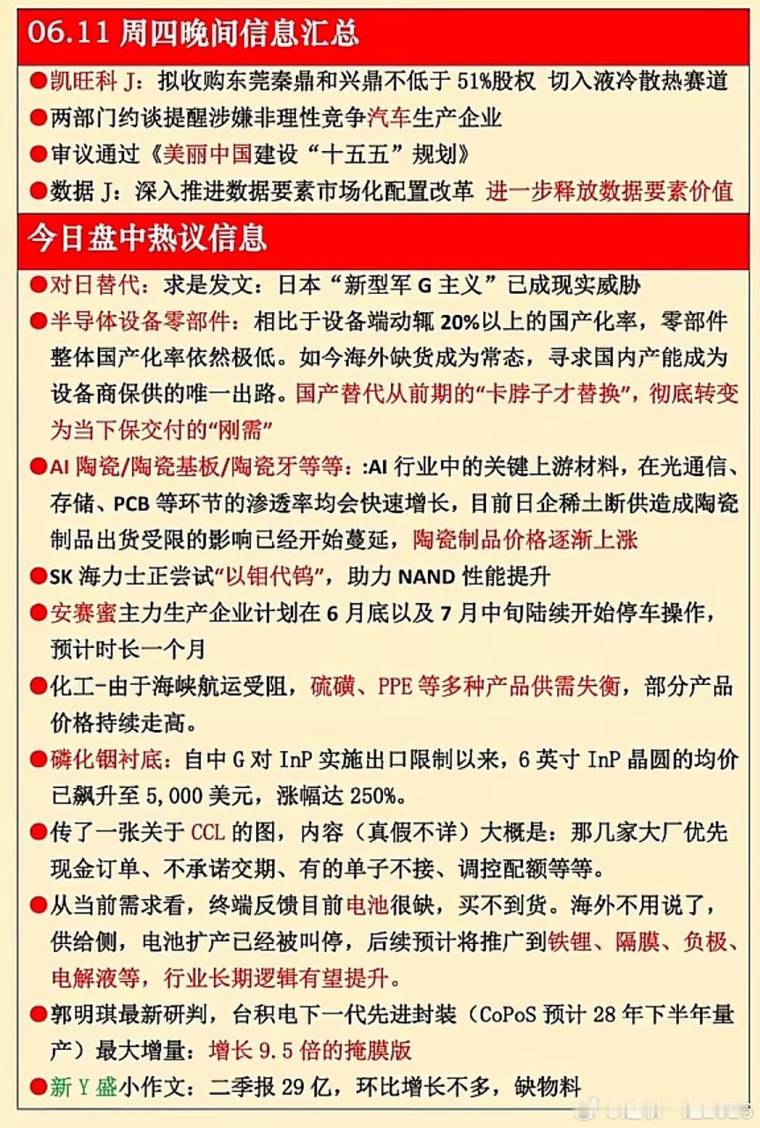 6.11晚间重磅汇总：国产替代与涨价潮共振，多赛道迎来关键催化周四晚间市场信息密
