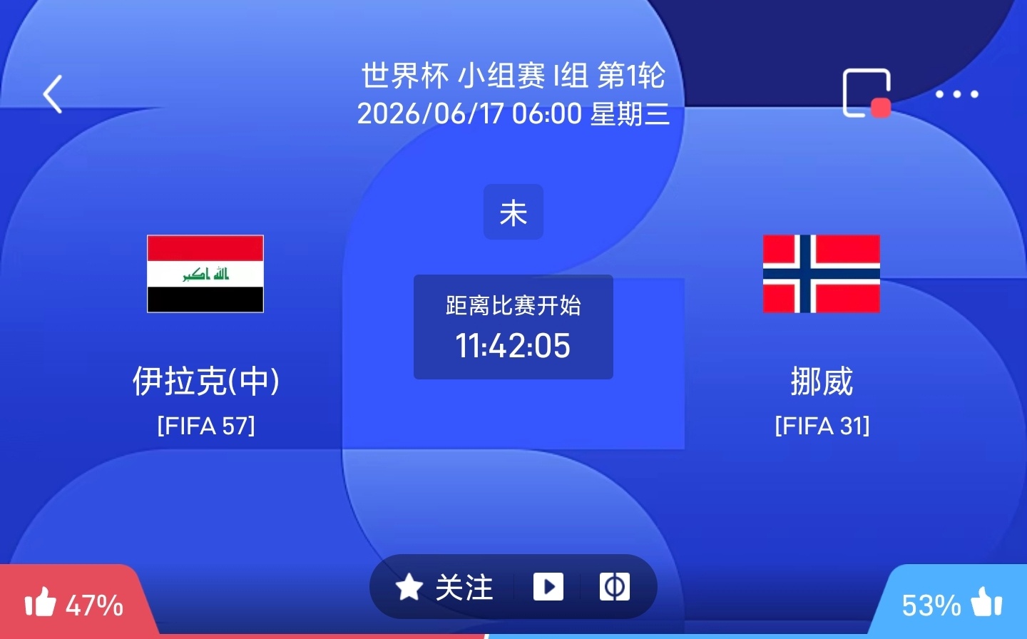 周二018 伊拉克VS挪威 建议 让负足球计划臻选⏰开赛时间：06-17 06: