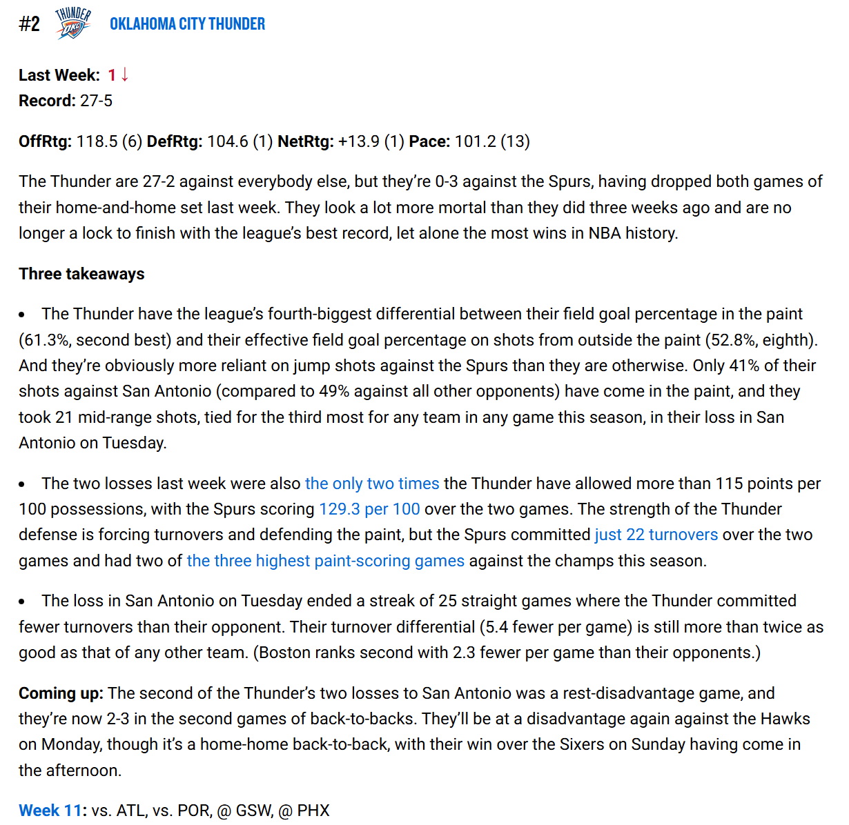 丢失榜一！NBA官方第十一周战力榜：马刺第一，雷霆第二，3-5位是掘金、尼克斯和