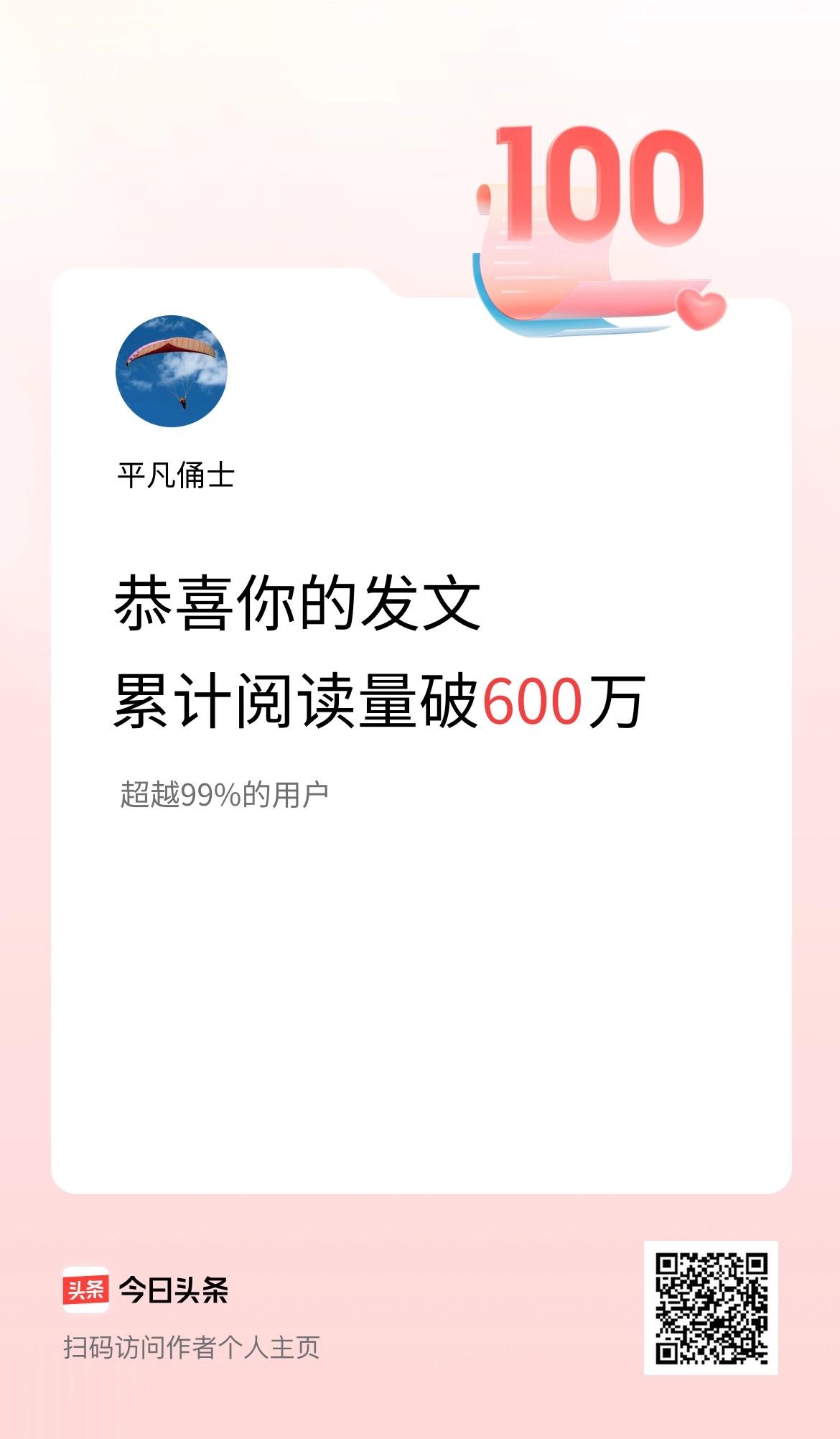 🤝我在头条累计获得阅读量破600万啦！