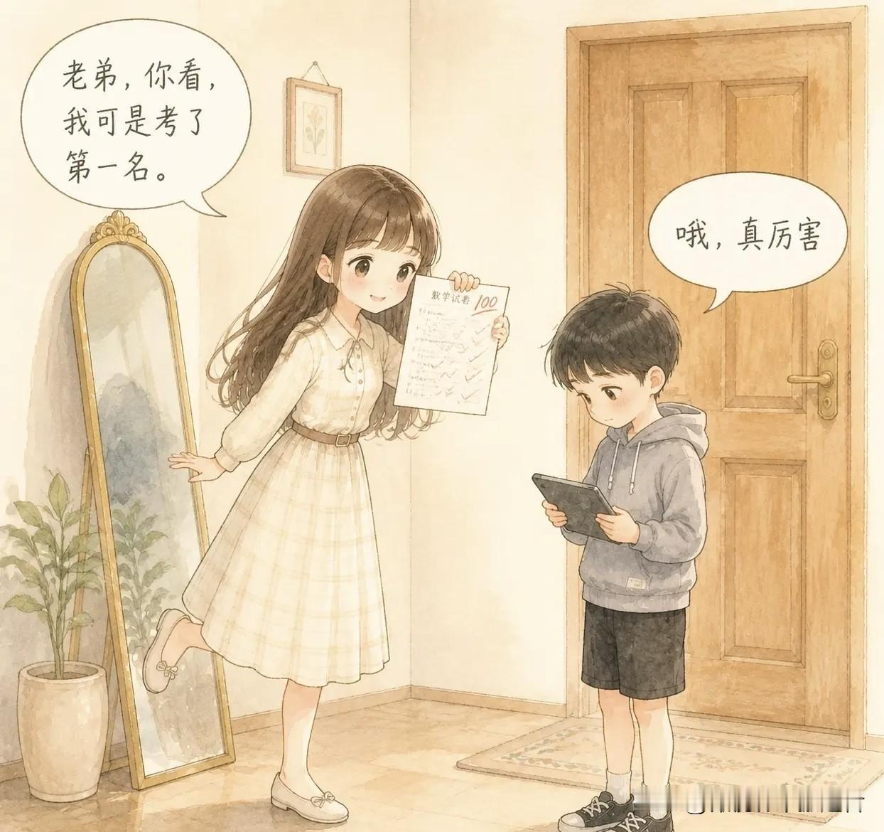 趣味漫画：姐姐考了第一名，回家嘚瑟：“弟，你姐我，全班最聪明。”弟弟头都没抬：“