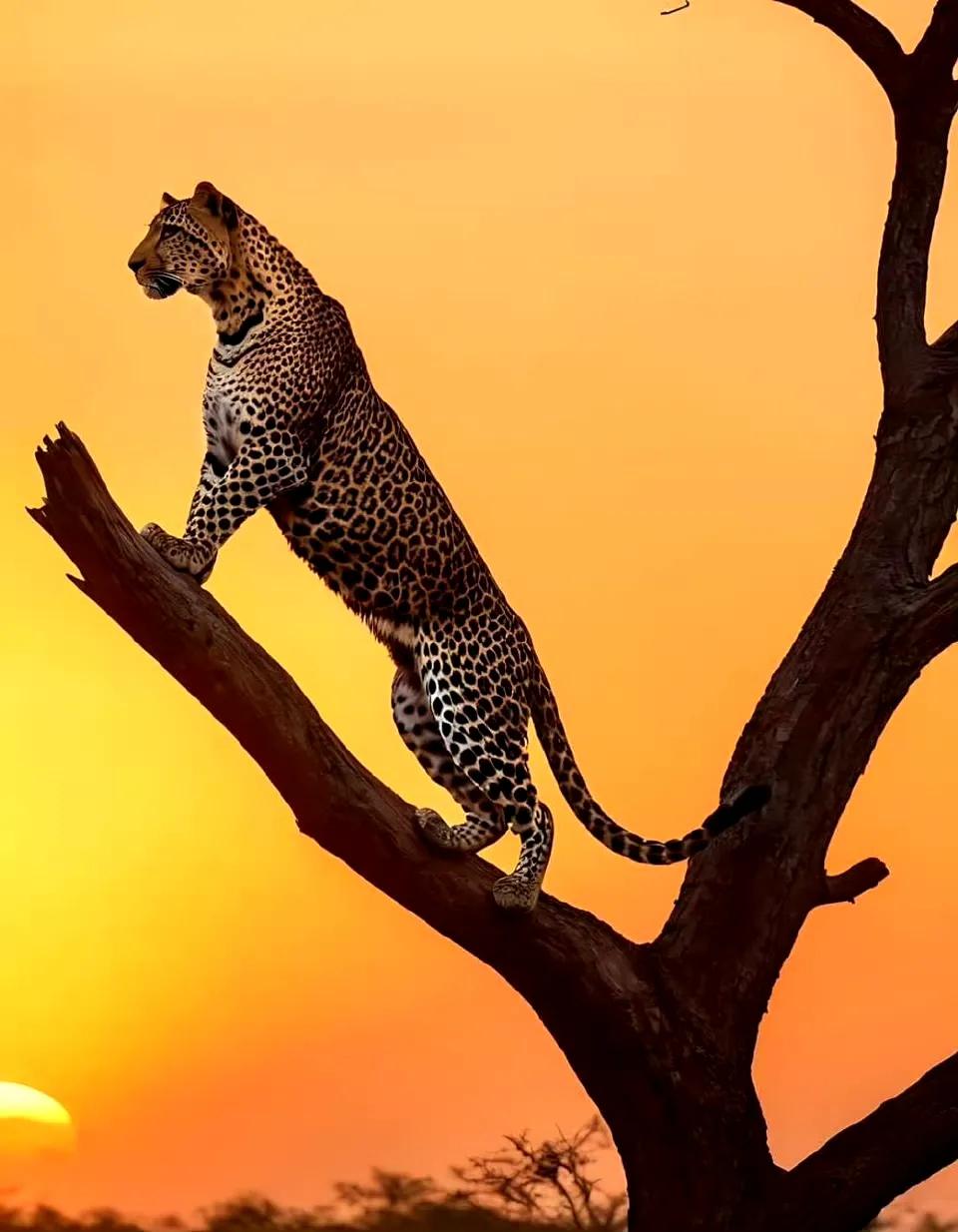 “夕阳西下，猎豹傲立枝头，尽显王者风范！”这画面光是想想就超震撼。在橙红色夕阳余