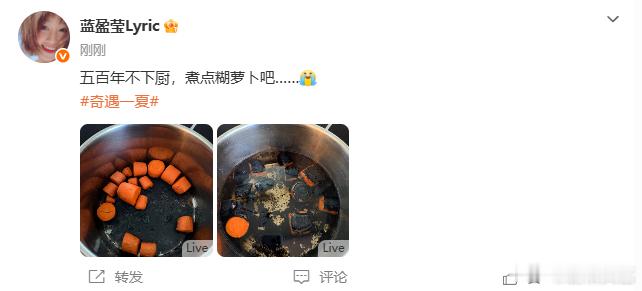 蓝盈莹下厨大型翻车现场蓝盈莹体验居家下厨小尝试，选择简单的胡萝卜进行烹煮，最终收