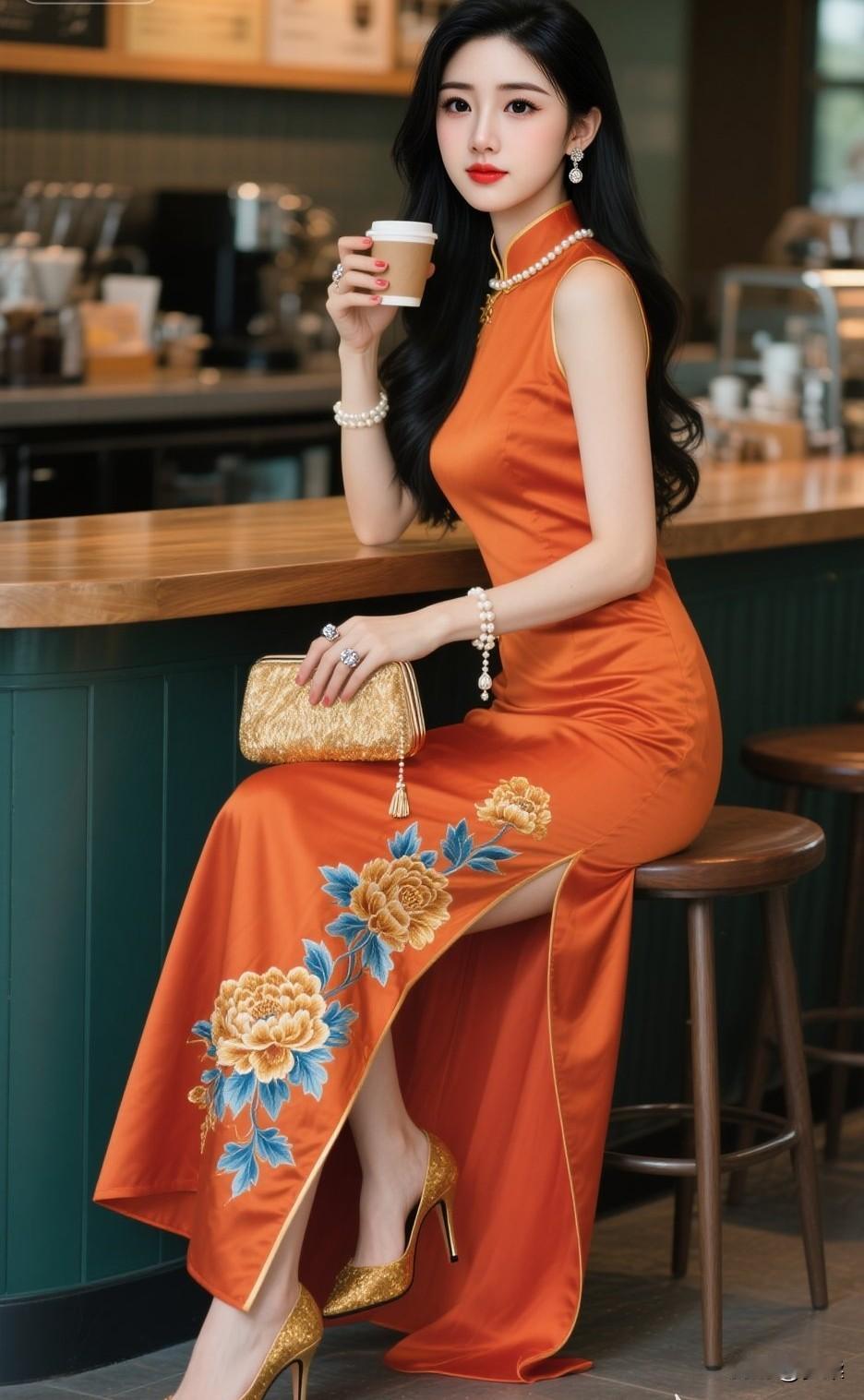 优雅东方美人，橙衣花裙，咖啡时光东方气质美人 时尚东方美人 国风知性佳人