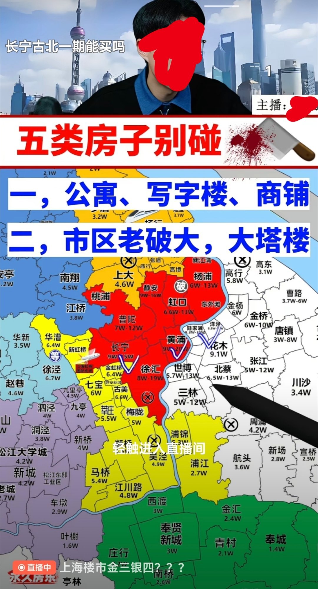 一位主播说，上海买房有5类房子不要碰，公寓、写字楼、商铺、市区老破大，大塔楼。都