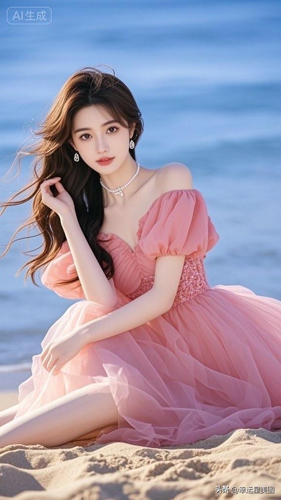 海边坐着一位穿粉色裙子的美女。