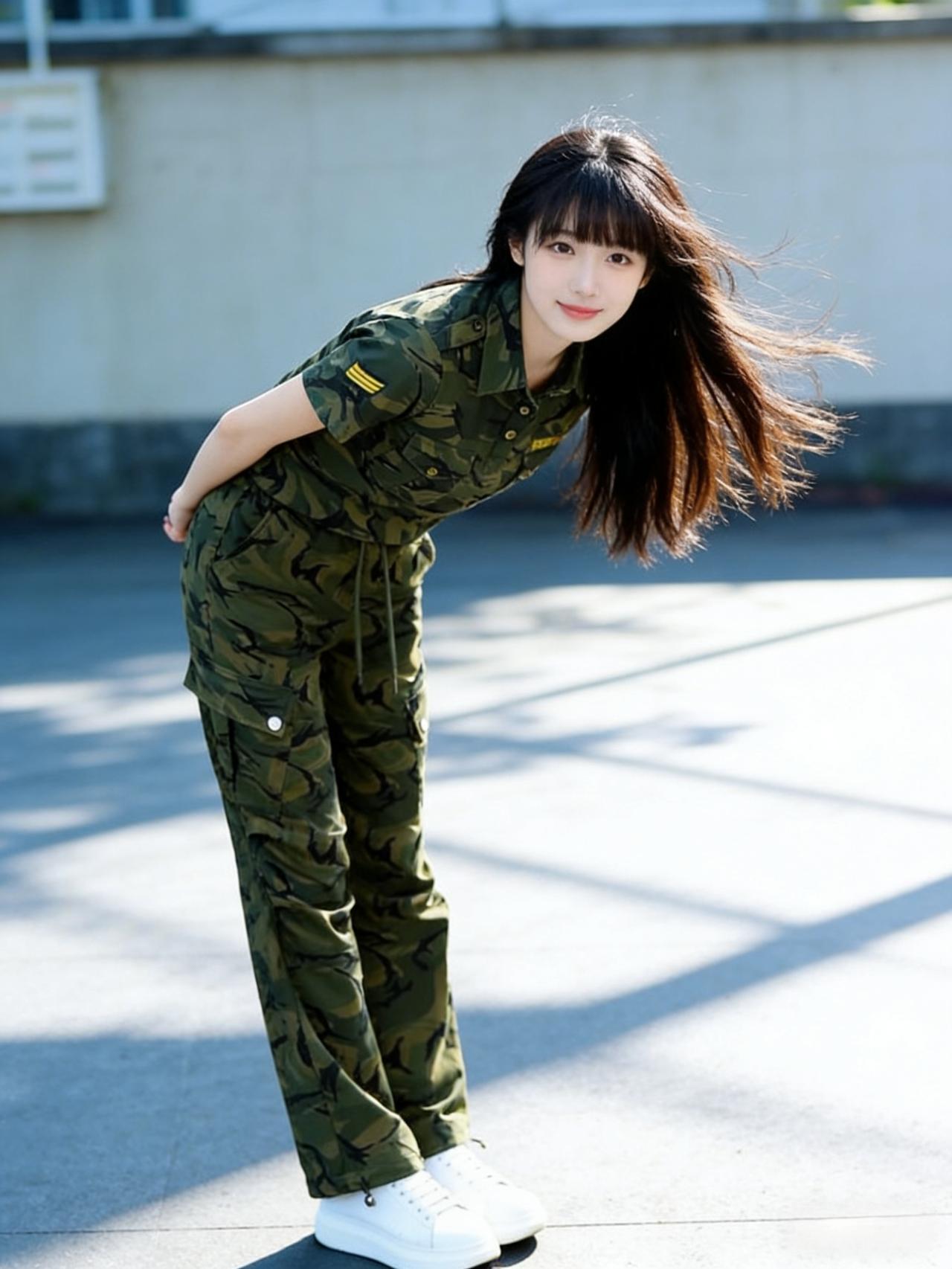 迷彩小外套，迷彩潮流穿搭。阳光把迷彩外套的纹路晒得发亮，少女单手插兜站在街头，军