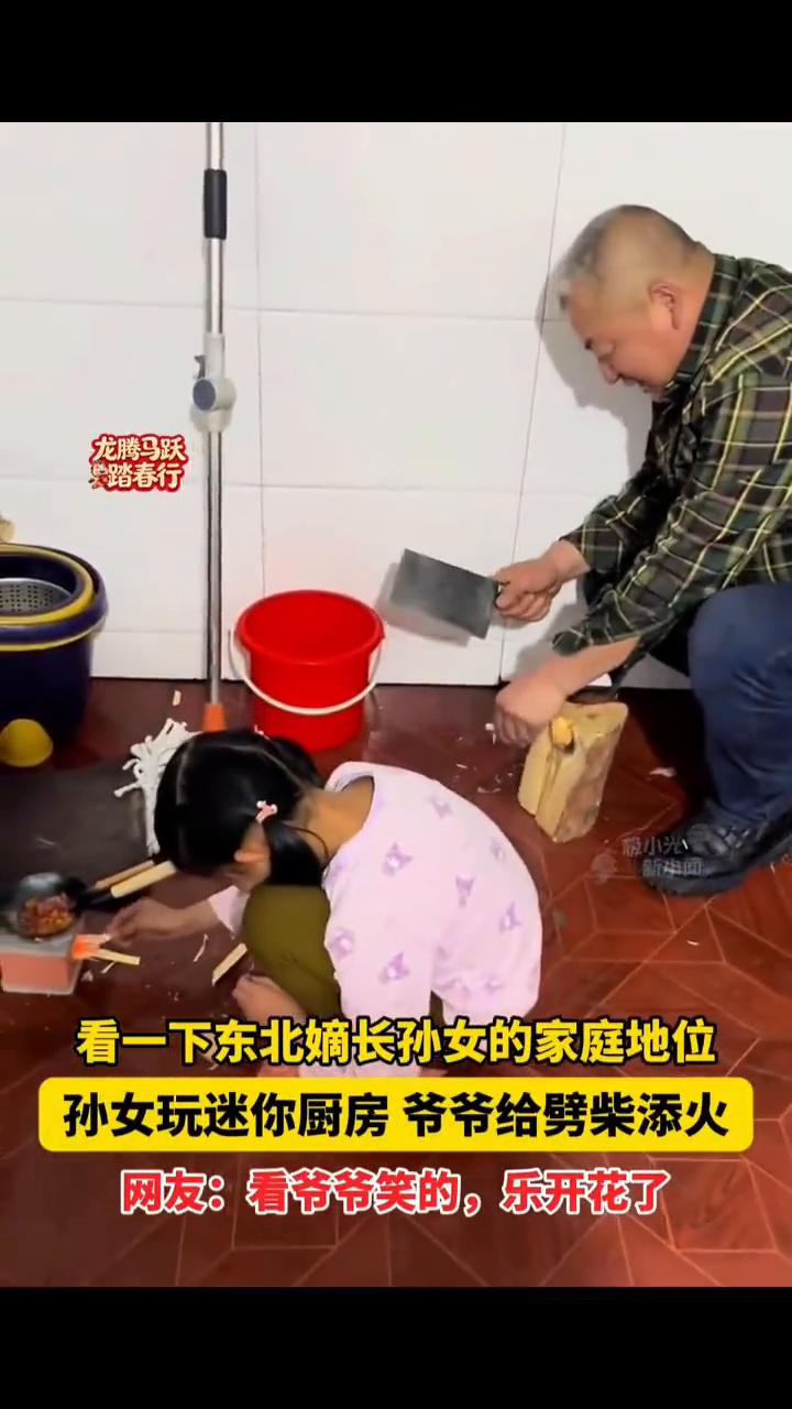 2月14日黑龙江，看一下东北嫡长孙女的家庭地位。孙女玩迷你厨房，爷爷给劈柴添火。
