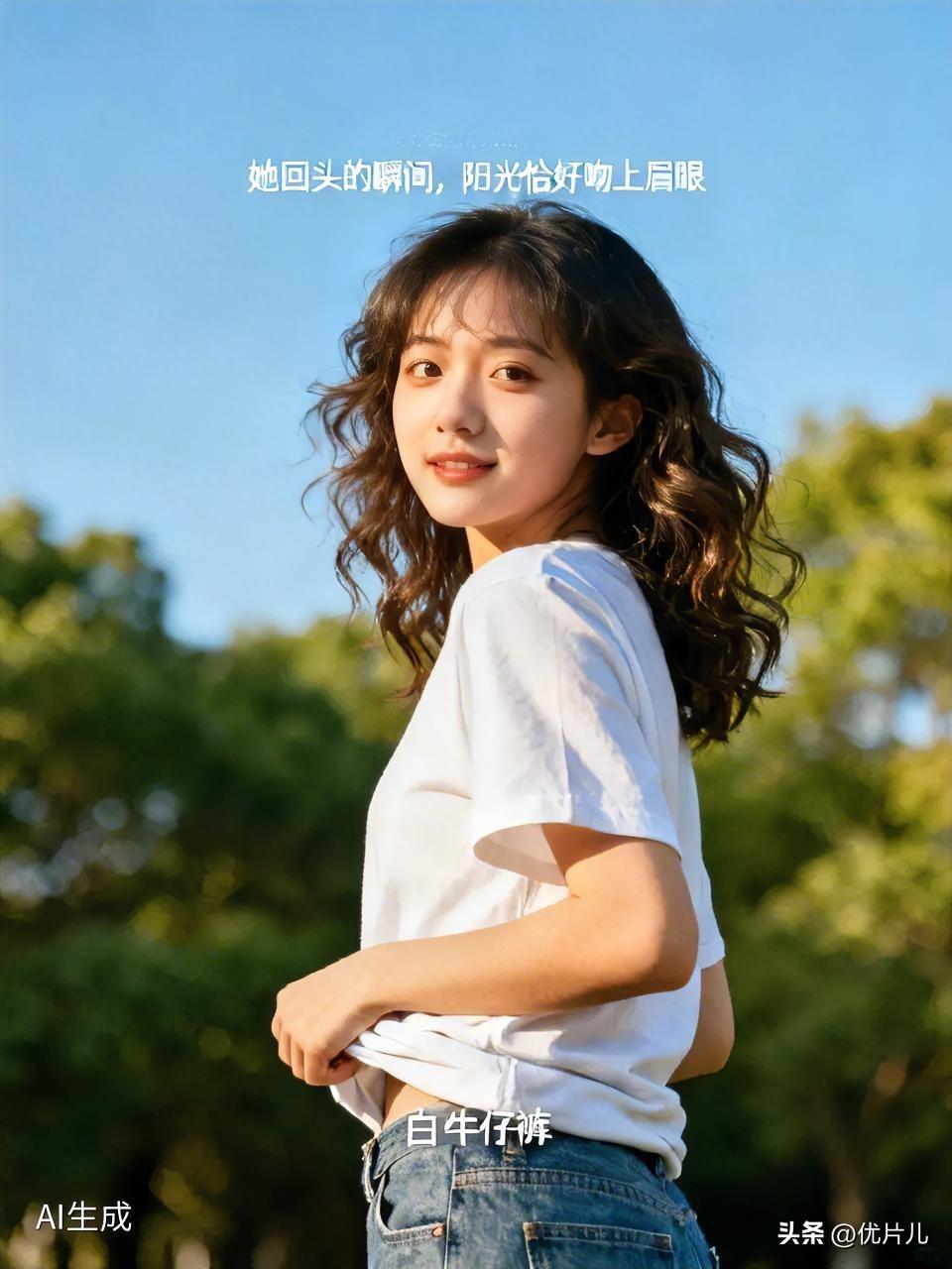 她回头的瞬间，阳光恰好吻上眉眼。白T挽起的不只是衣角，更是岁月里藏不住的松弛与温