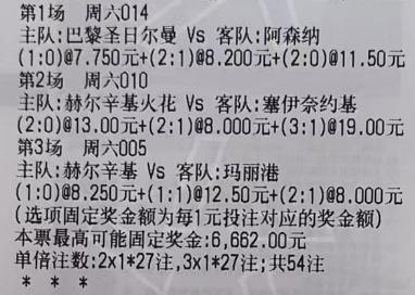 贪总足球：2串：014 + 010014 欧冠 巴黎圣曼vs阿森纳胜 1-0 2