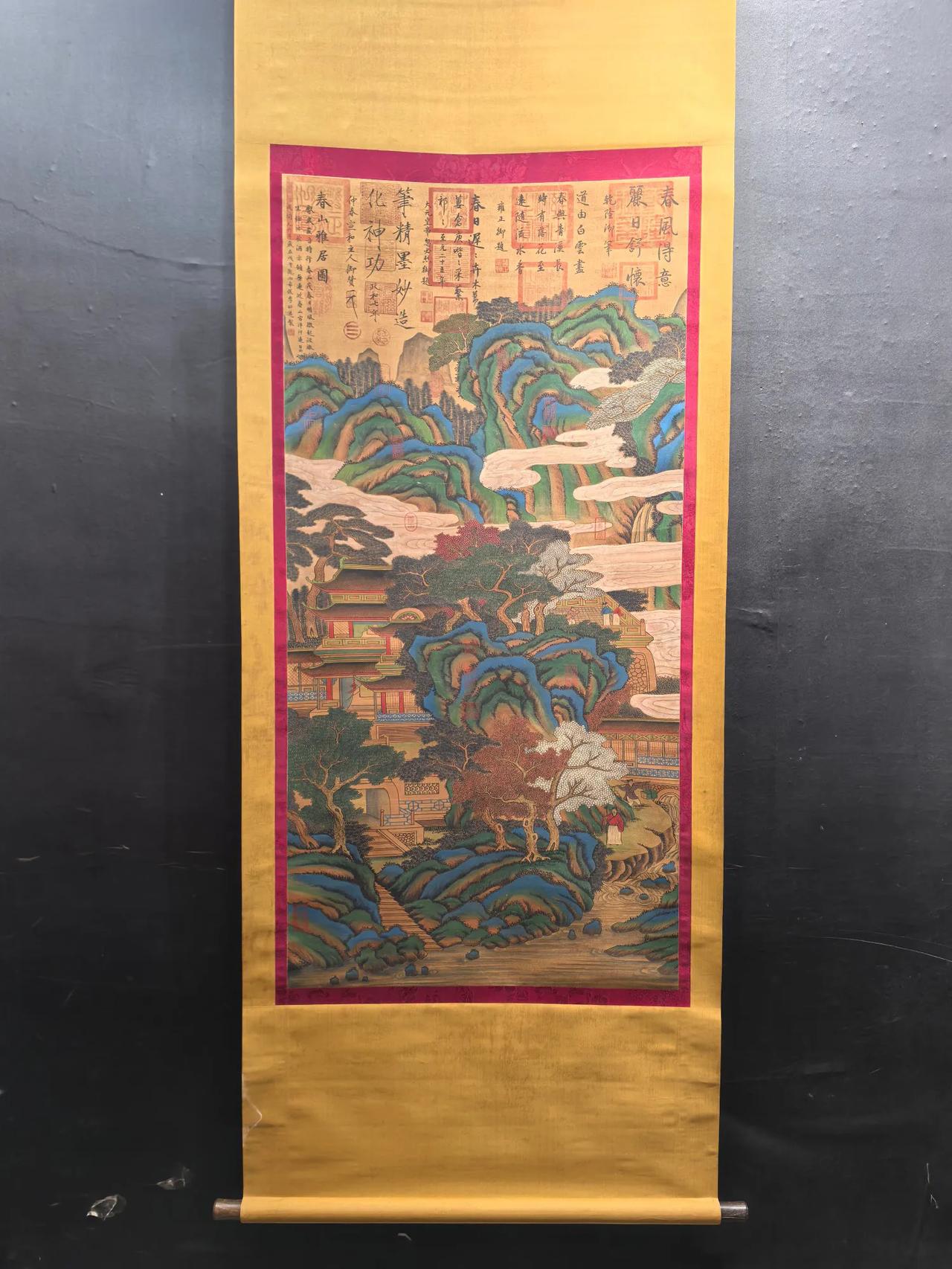 L   三希堂御藏，唐，李昭道，精品绢本，春山雅居图69.5X141.7