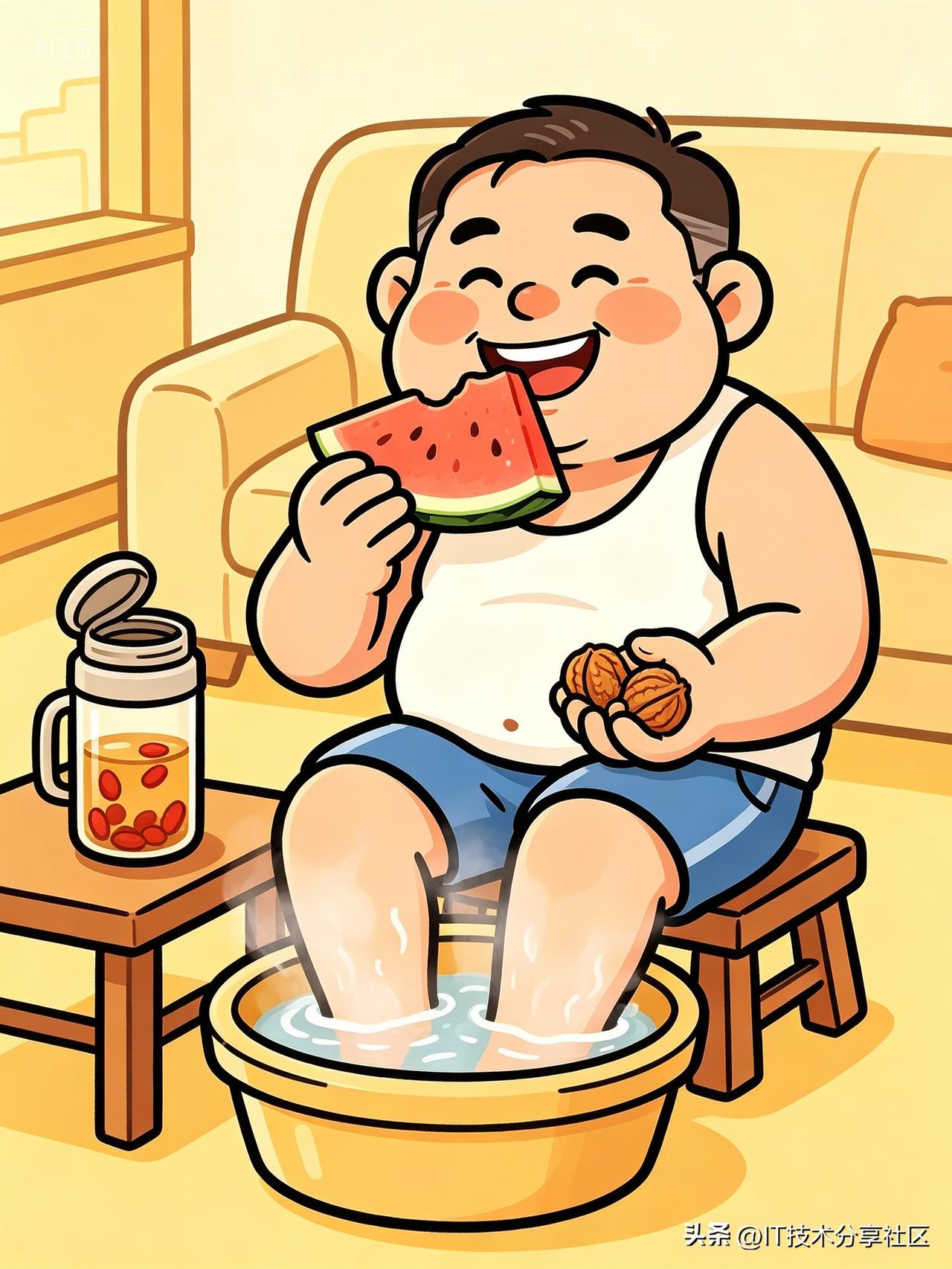 老爸迷上了养生，保温杯里泡枸杞，手里盘着核桃。但他有个毛病：一边泡脚一边吃冰西瓜