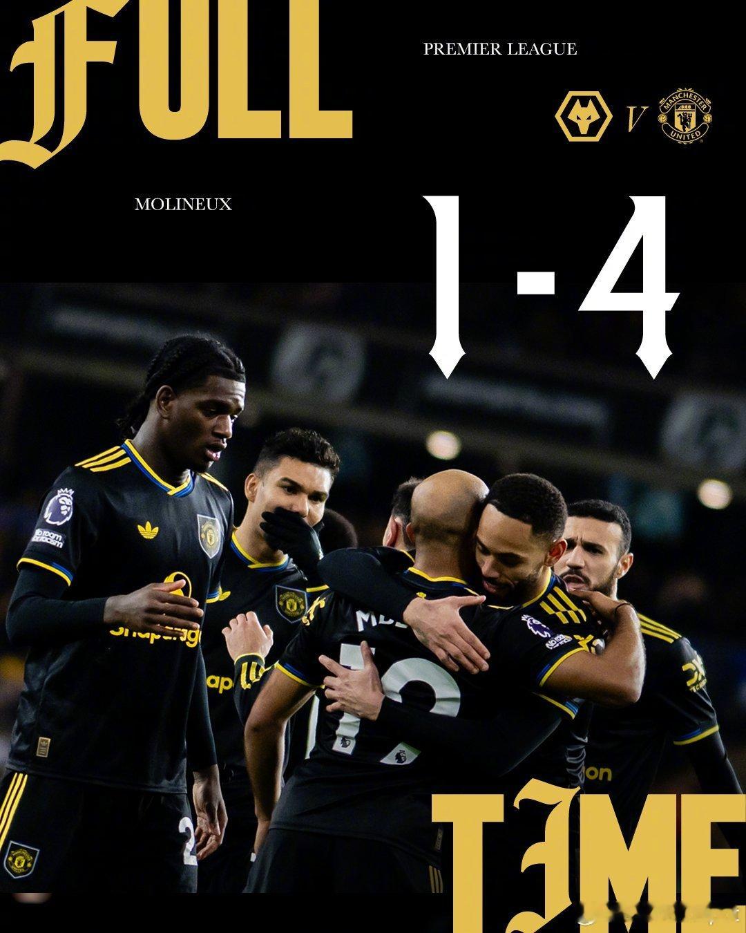 凌晨进行的英超比赛，曼联客场4比1大胜狼队。B费梅开二度，姆贝乌莫，芒特破门。M