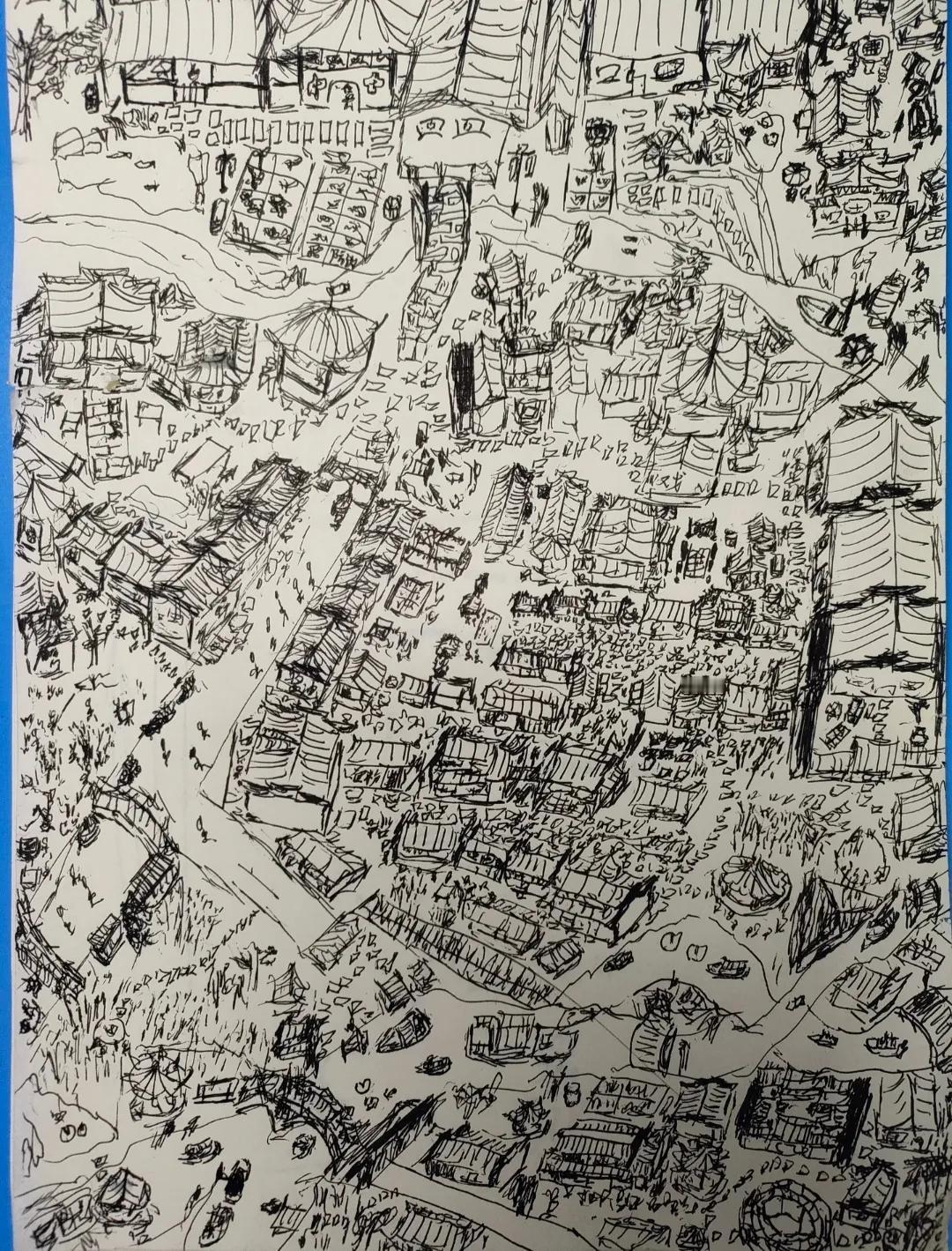 孩子没学过美术，凭想象画了幅江南百景图，他不满意，说是透视没做好。想请教懂美术的