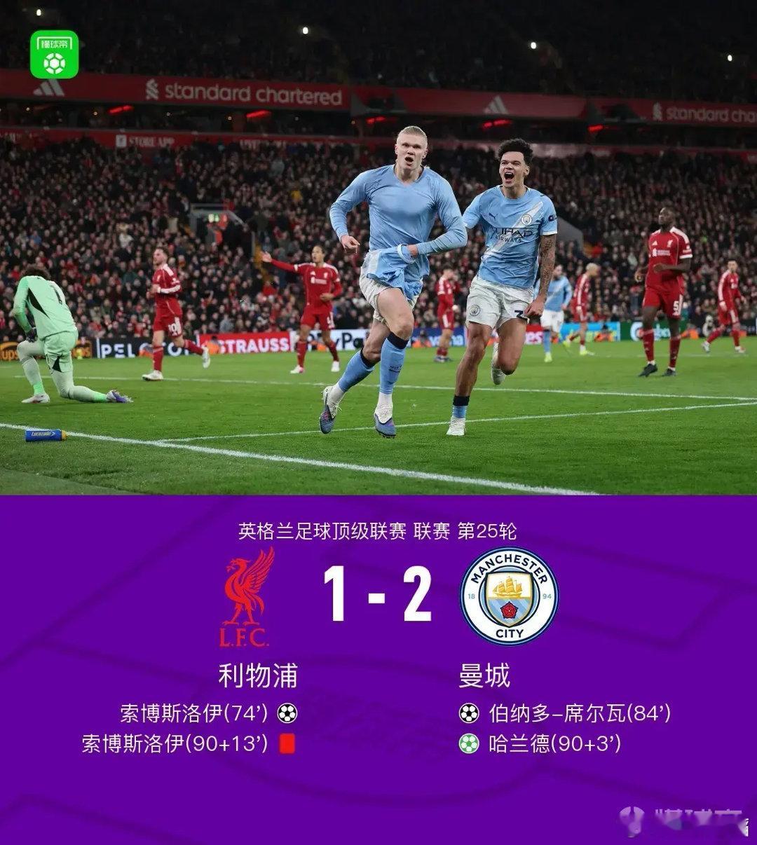 利物浦被曼城1比2逆转，主客场遭到蓝月亮双杀！索伯斯洛伊的超级世界波让“又帅又能
