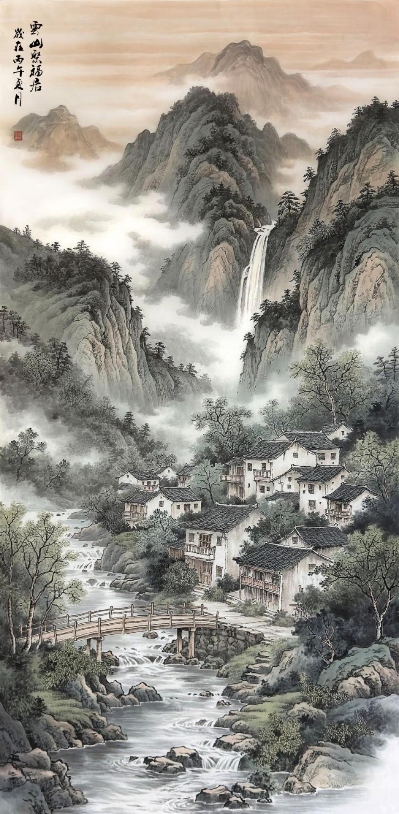 《云山聚福居》。玄关山水创作者中心 创作灵感 山水画境 山乡水墨画