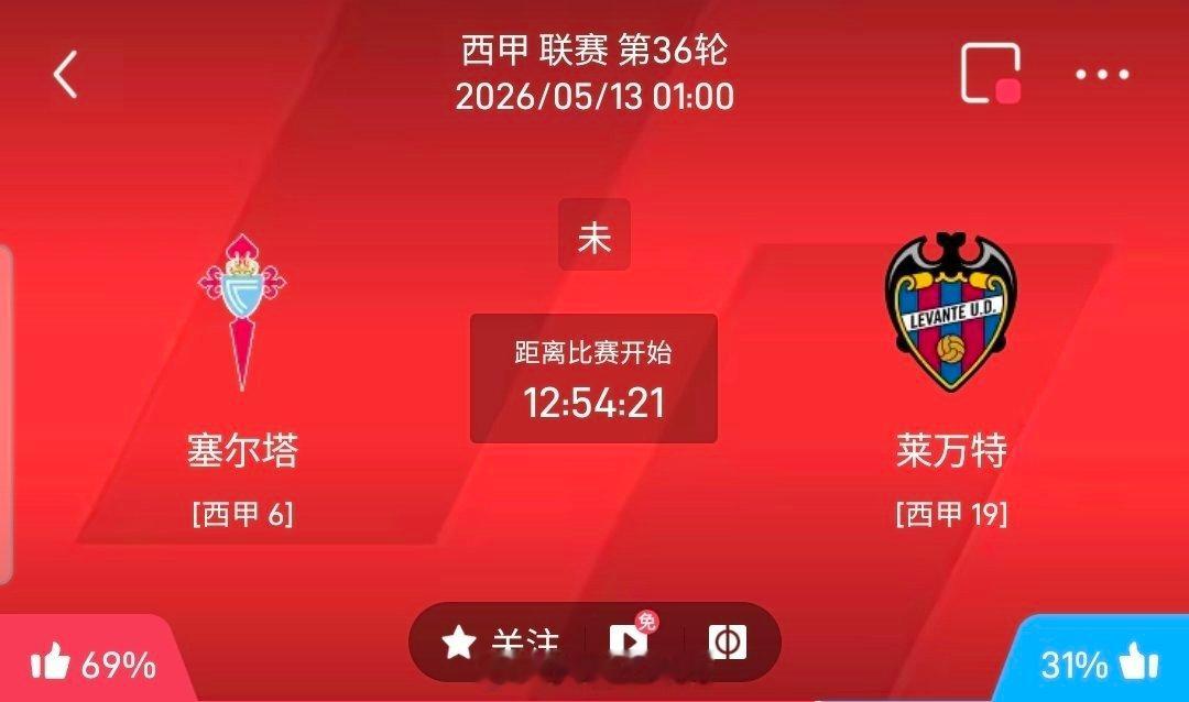 【足球】周二003西甲方向：塞尔塔vs莱万特西甲 塞尔塔 VS 莱万特比赛时间：